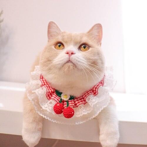 Knit Red Cherry Lace Cat Necklace Gauze Plaid Pink Dog Saliva Towel Bibs Floral Pet Necklace Bows Puppy Accessories Ragdoll York