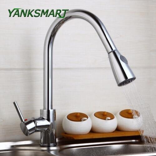 YANKSMART Pull Out kitchen solid brass chrome polished basin sink swivel faucet single handle tap rotated spout