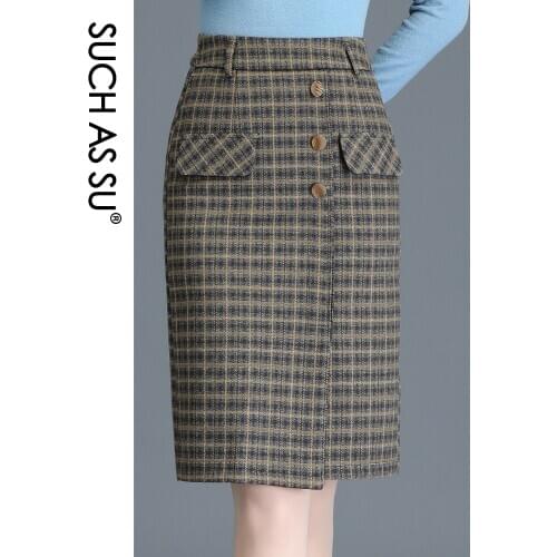 New Fall Winter Button Lattice Skirt Women 2020 Black Wool Fabric High Waist Wrap Skirt S-3XL Plus Size Knee-Length Pencil Skirt