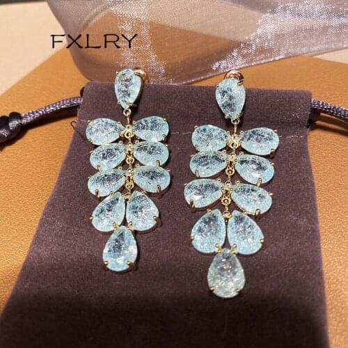 FXLRY Elegant Blue Color broken ice big zircontassel long earrings earrings for women party bridal wedding jewelry