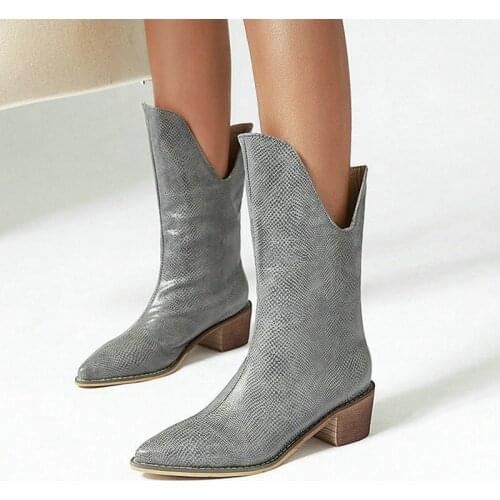 Advanced PU Leather Women Western Boots Pointed Toe Square Heel Ladies Ankle Boots Slip on Women Shoes Short Plush Winter Boots