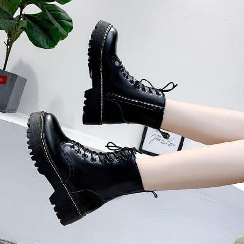 2021 Motorcycle Womens Boots Winter Soft Leather Shoes Black Botas Wedges Female Lace Up Platforms Women White Botas Mujer