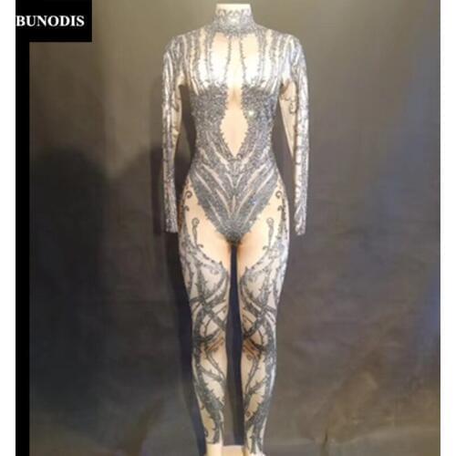 ZD30303 Women Black Thorn Jumpsuit Simple Version Material Spandex Sparkling Crystals Nightclub Stage Wear Bodysuit Performance