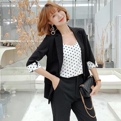 Womens suit autumn new thin section solid color seven-point sleeves polka dot suit elastic waist nine-point pants two-piece sui