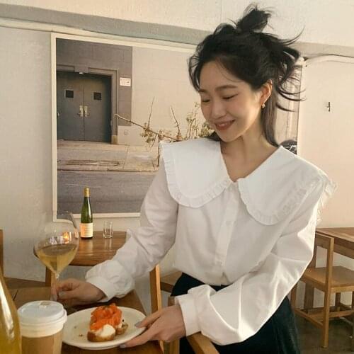 Peter Pan Collar Ruffles White Blouse Shirts Women Long Sleeve Casual Elegant Korean Tops Single Breasted Spring Loose Kawaii