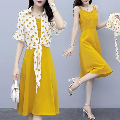 Fashion Print Tops+Solid Color Yellow Dress 2 Piece Set Women 2021 New Korean Summer Dress Mid-Calf Length Dresses Female A668