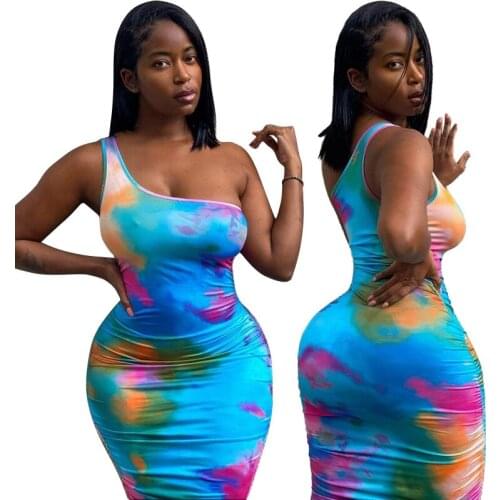 Fashion Sexy One Shoulder Sleeveless Printed Tie Dye Blue Midi Women Dress Bodycorn Elegant Skinny Sexy Women Clothing