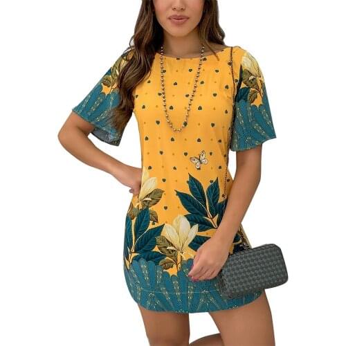 Women Dress Natural Wind Big Leaf Print Woven O-Neck Short Sleeve Splice Mini Dresses 2021 Summer New Fashion Casual Clothing