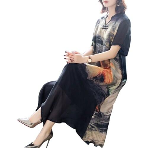 2021 Loose Print Mulberry Silk Maxi Dress Summer Vintage 4XL Plus Size Chiffon Dress Women Elegant Bodycon Party Vestidos FC526