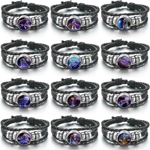 12 Constellation Bracelet Aquarius Pisces Taurus Zodiac Sign Handmade Punk Leather Bracelets for Men Women Gift Dropshipping