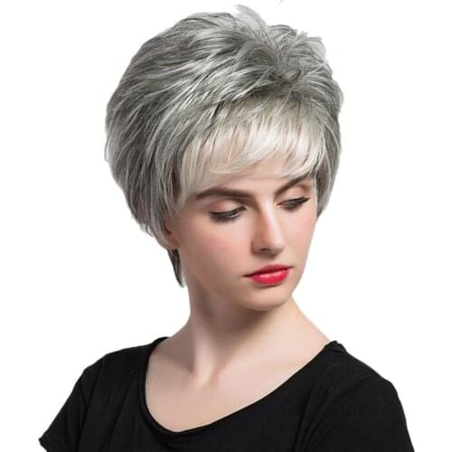 12'' Women Short Layered 100% Real Human Hair Wigs Heat Resistant Gray White