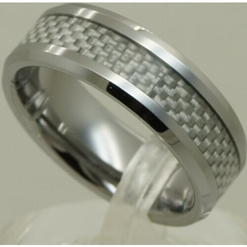 8mm silver carbon fiber inlayed small bevel men/women hi-tech scratch proof wedding tungsten ring