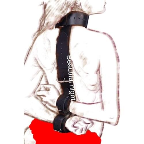 BDSM Leather Neck-Wrist Restraint,Behind Back Handcuffs Collar Bondage,Sex Toys For Couples,SM Adult Games