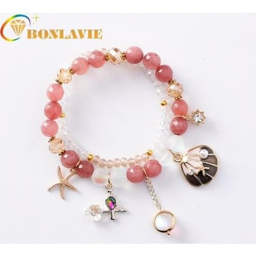 Crystal Bracelet for Women Girls Double Layers Starfish Shell Floral Swan Charms Bracelet Korea Female Beads Elastic Bracelet