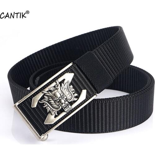 CANTIK High Quality Nylon & Canvas Belt Men Unique Design Dragon Head Pattern Automatic Buckle Jeans Accessories 3.5cm CBCA285