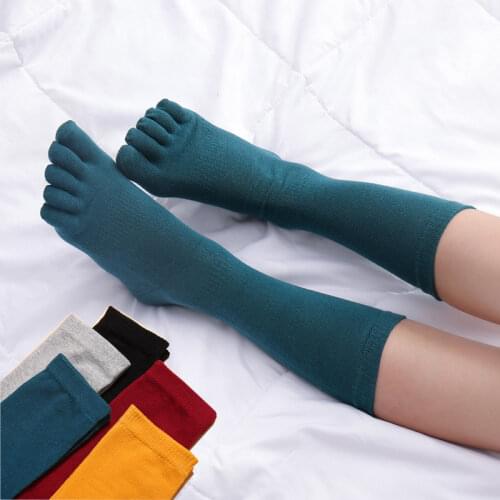 High Quality Cotton Long Tube Socks with 5 Fingers for Women Ladies Girls Toe Socks Solid Color Breathable Mid Calf High Socks