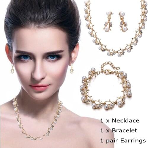 3pcs/set Elegant Gift Women Jewelry Sets Diamond Wedding Bridal Jewelry Imitation Pearl Necklace Earring Sets