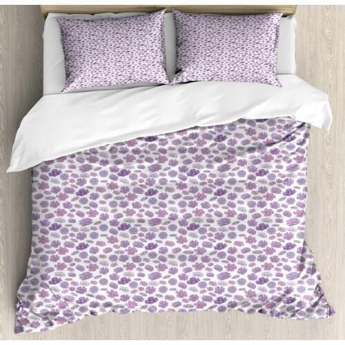Floral Duvet Cover Set Feminine Cartoonish Pattern with Petals 3 Piece Bedding Set Lavender Lavender Blue Pastel Brown and White