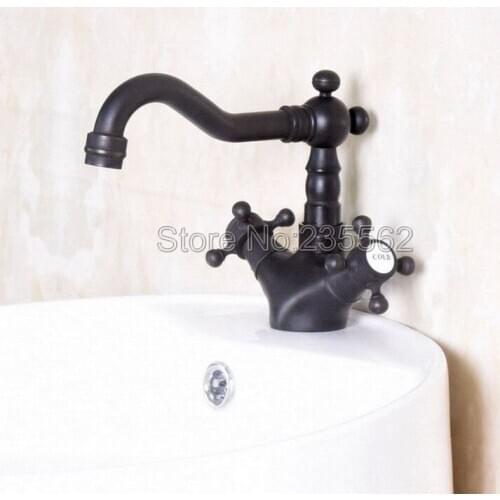 Black Oil Rubbed Brass Double Cross Handle Bathroom Faucet Vanity Sink Mixer Tap Single Hole Deck Mount Swivel Mixer Tap Lnf143