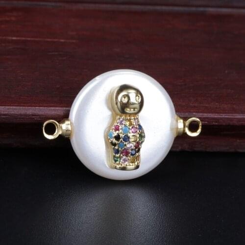 Cute tiny gold colorful cz paved smile kid child charm round coin pearl connector for female women jewelry gift