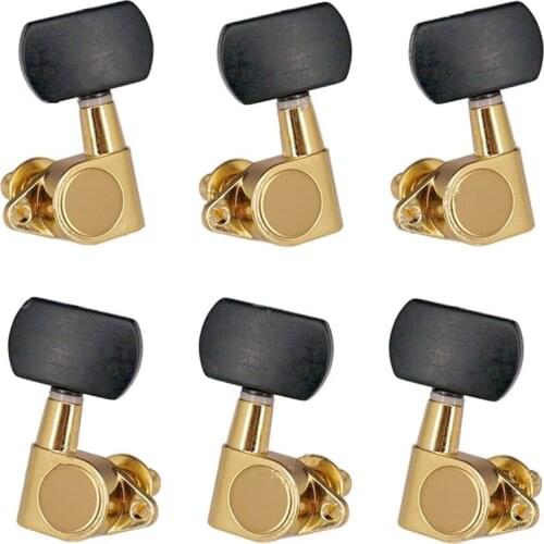 A Set of golden Guitar Tuning Pegs Tuners Machine Heads for Electric Acoustic guitar parts With Black Rectangular buttons