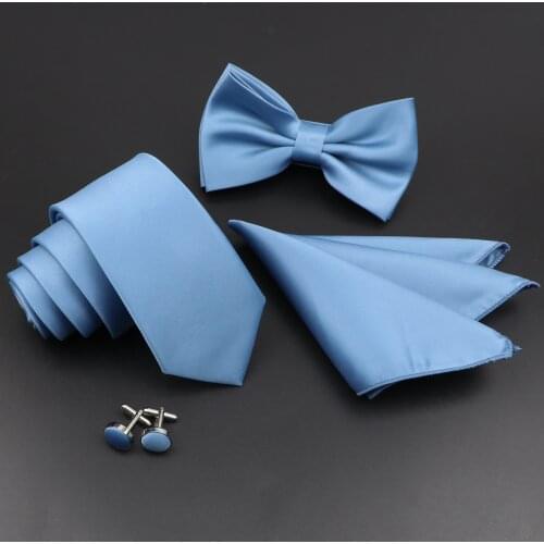 New Light Solid Color Tie Bowtie Set Mens High Quality Fashion Butterfly Blue Black Pink Necktie Cufflinks Full Set Ties Gift