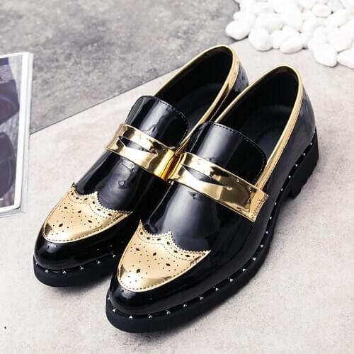 Footwear fashion patent leather shoes brand gold cockpit club party loafers mens shoes runway elevator luxury