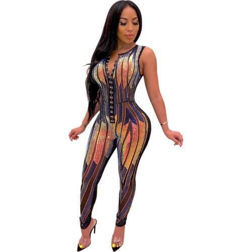 OMILKA Front Button Sequin Rompers and Jumpsuits 2019 Autumn Women Sleeveless V Neck Bodycon Hollow Out Sexy Club Party Overalls