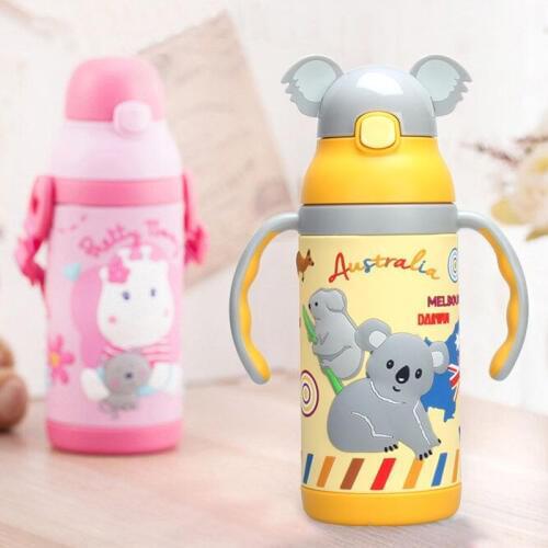 Pinkah 400ml Cartoon Children Thermos Cup Stainless Steel Vacuum Water Bottle with Straw Portable long Rope Baby Training Cup