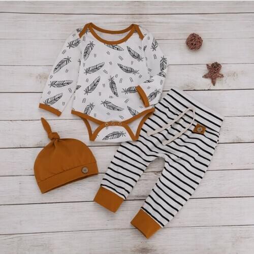 Pudcoco Newborn Baby Boy Girl Clothes Feather Print Long Sleeve Romper Tops Striped Long Pants Hat 3Pcs Outfits Cotton Clothes