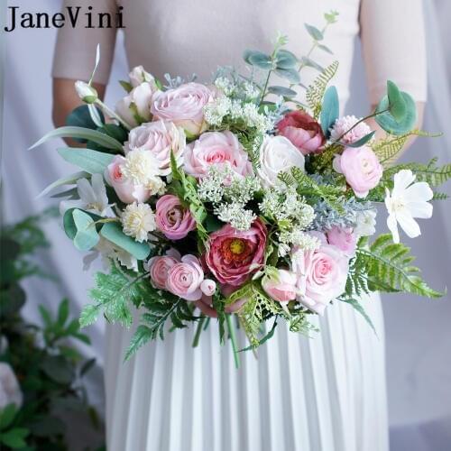 JaneVini 2019 Luxury Pink Flowers Wedding Bouquets Artificial Silk Roses Bridal Bouquets Mariage Holding Flower Bouquet De Fleur