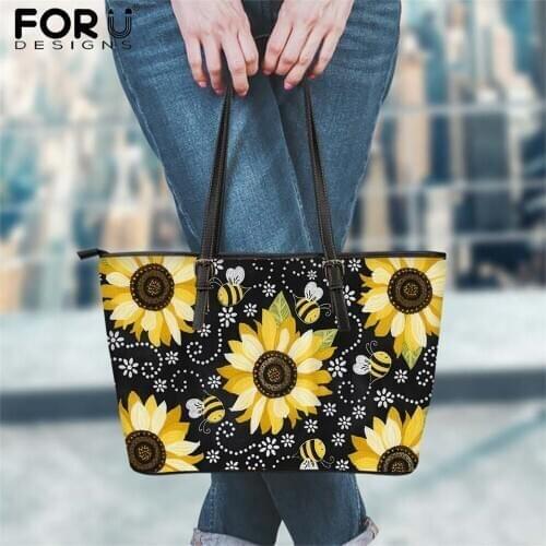 FORUDESIGNS Luxury Women Black Shoulder Bags Sunflowers Pattern PU Leather Tote Handbag Large Capacity Hand Bags For Shopping