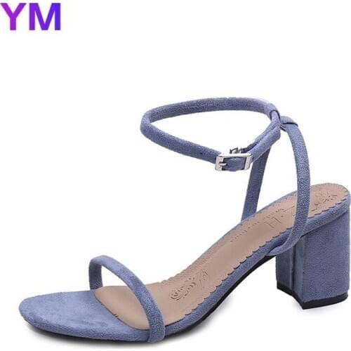 Cool Summer Salu Shoes Woman Open Toe Sandals Handmade Shoes Ankle Strap Elegant Square High Heel Solid Flock Autumn Women Shoes