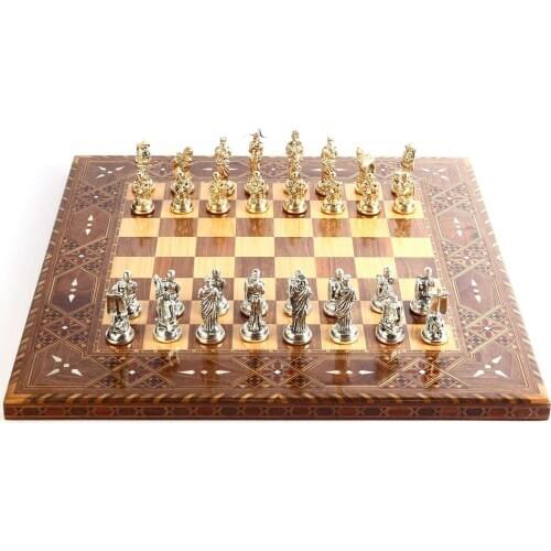 Historical Troy Figures Metal Chess Set, Handmade Pieces, Natural Solid Wooden Chess Board, original Pearl on Board King 6cm