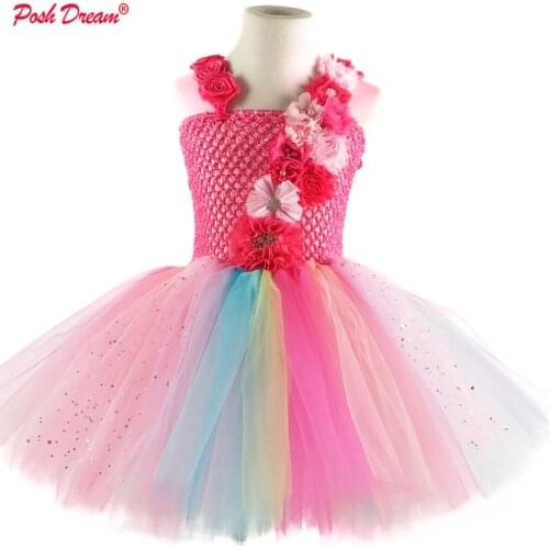 POSH DREMA Easter Flower Girls Wedding Party Tutu Dresses Knee Length Sparkly Tulle Handmade Flower Children Birthday Clothes