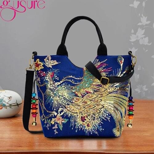Gusure Women Shoulder Bag Handmade Embroidery Peacock Bohemia Ethnic Style Retro Handbag Large Capacity Messenger Tote for Girl