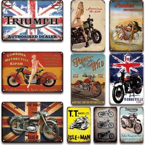 Triumph Motorcycle With British Flag Metal Logo Metal Painting Sign Vintage Motorcycle Tin Signs Wall Sticker Art Home Decor