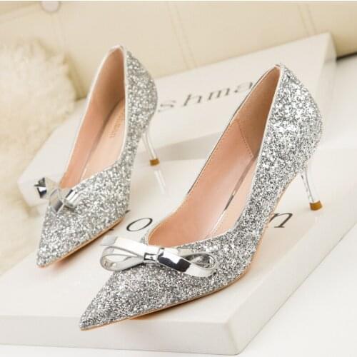Sweet Stiletto High Heels Shallow Mouth Pointed Toe Sequins Bow Knot Temperament Shoes Women Pumps Ladies Dress Party Shoe