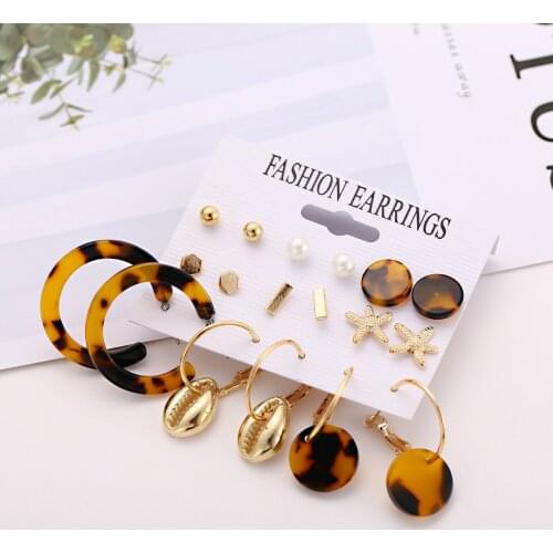 Vintage Long Tassel Leopard Acrylic Pearl Stud Earrings Set Women Bohemian Eye Star Circle stud Earring Fashion Jewelry
