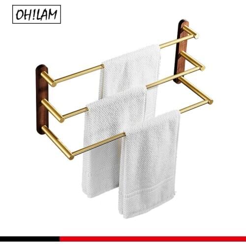 Towel Hanger Wall Mounted 38CM Towel Rack Bathroom Aluminum Brush Gold Towel Bar Rail Glue Stick No Drilling Walnut Towel Holder