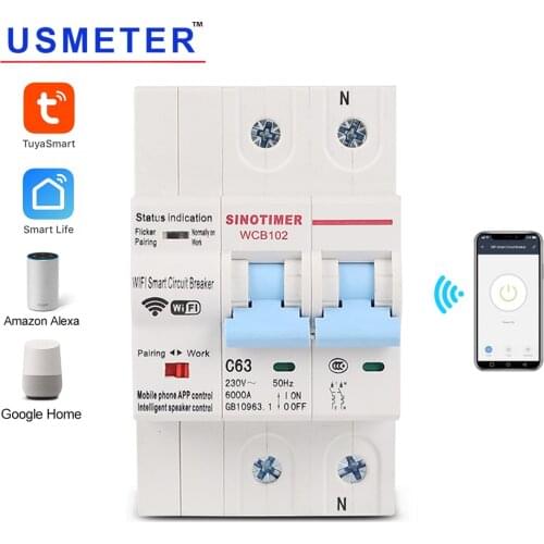 WCB102 2P 220V 63A Remote Control WiFi Smart Circuit Breaker Electric Switch MCB For Tuya Smart Life APP Amazon Alexa Google Hom