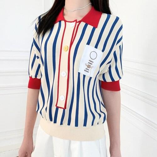 Womens Polo Short Sleeve Top Fashion Designer Elegant Smile Blue Striped Contrast Color Knit Top Casual T-Shirt 2021New