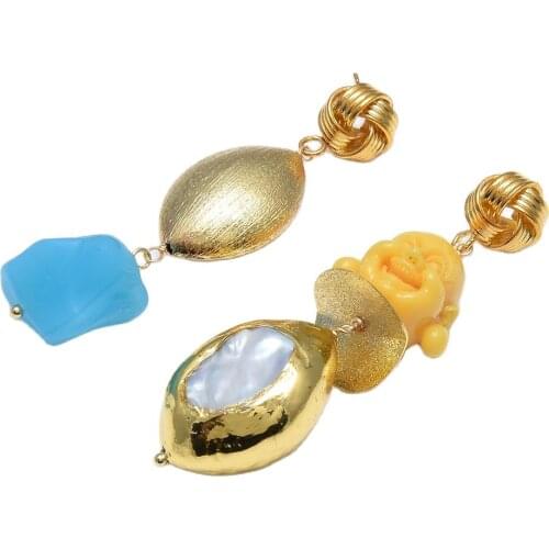 GuaiGuai Jewelry Natural Blue Glass White Keshi Pearl Nugget Yellow Resin Buddha Beads Gold Plated Coin Stud Earrings For Women
