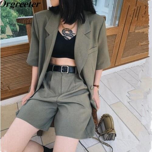 Streetwear ArmyGreen Two piece set Women 2021 Summer New Temperament Thin Short Sleeve Suit Coat and Shorts Ensemble Femme