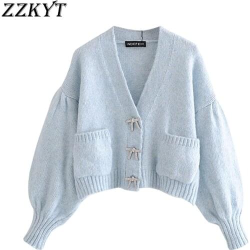 2021 Women Fashion Blue Rhinestone Buttons Knitted Cardigan Sweater Vintage Long Sleeve Oversized Female Outerwear Chic Tops