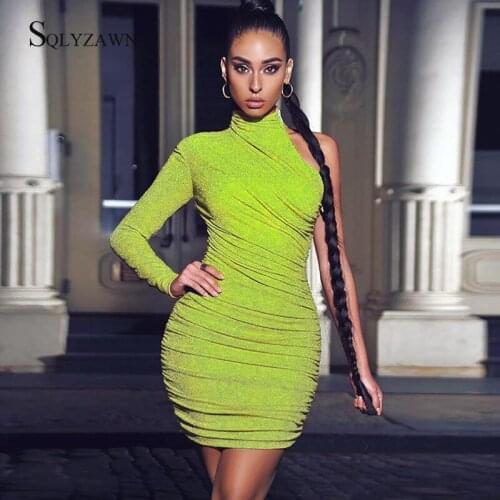 One Shoulder Long Sleeve Summer Dresses Solid Elelant Ruched Pencil Dress Turtleneck Women Sexy Glitter Night Club Mini Dress
