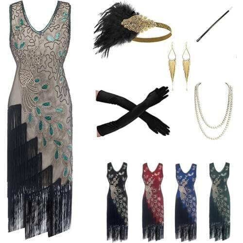 Retro Sequin Peacock Fringe 1920s Dress For Women Elegant Evening Party Clothes Vintage Gatsby Dress Latin Dancewear DQL4227