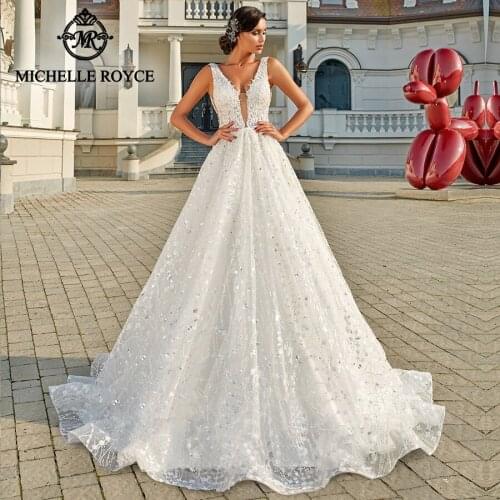 Michelle Royce A-Ling Wedding Dresses 2020 Sexy Deep V-Neckline Appliques Backless Chapel Train Bridal Gowns Vestido De Noiva