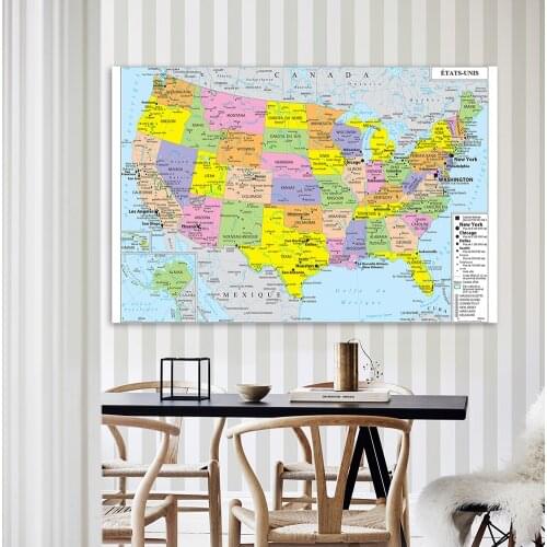 225*150cm Map of The United State with Details In French Non-woven Canvas Painting Large Poster Home Decoration School Supplies