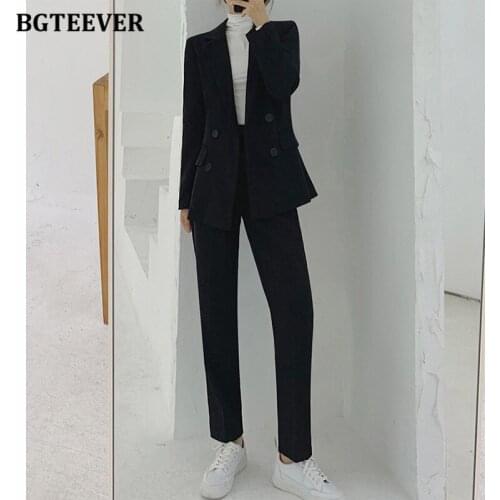 BGTEEVER Spring Workwear 2 Pieces Blazer Set Women Double Breasted Suit Jacket & High Waist Pencil Pants Female Black Pant Suits